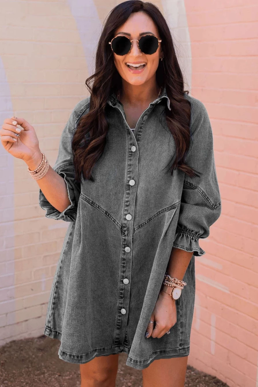 Shewin Women's Gray Casual Denim Short Dress with Buttoned Ruffle Cuffs