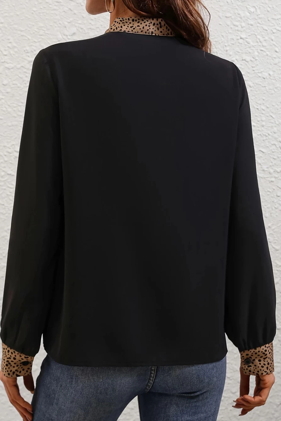 "SheWin Women's Black Leopard Print Tie Neck Button-Down Long Sleeve Blouse"