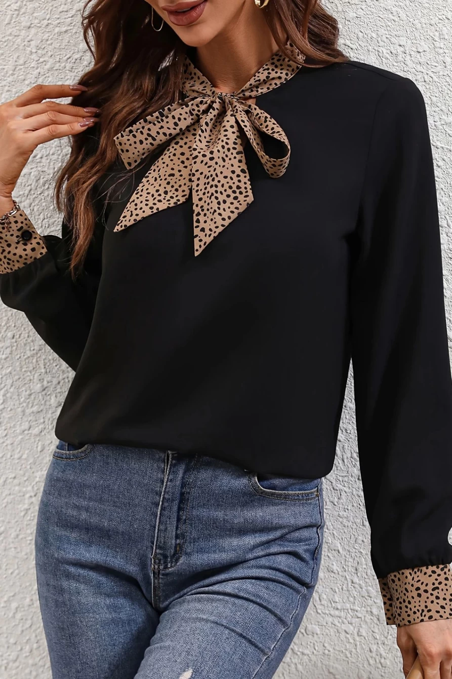 "SheWin Women's Black Leopard Print Tie Neck Button-Down Long Sleeve Blouse"