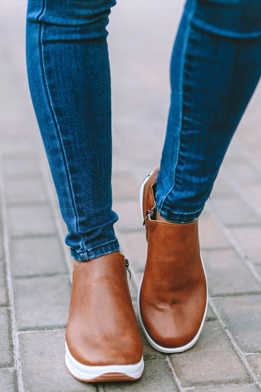 Shewin Women's Brown Leather Zip-Up Boots with Non-Slip Thick Sole