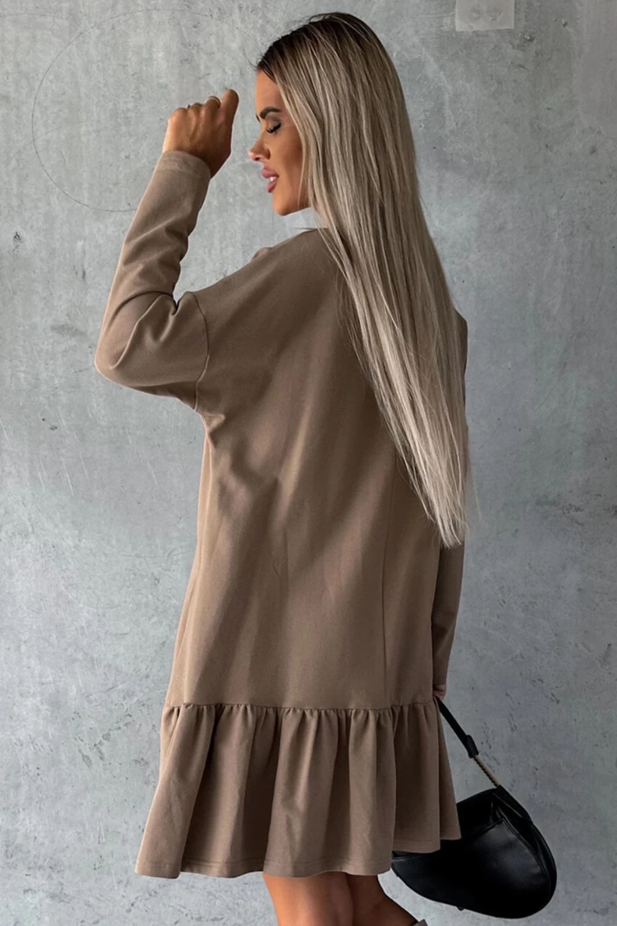Shewin Women's Chestnut Split Neck Long Sleeve Ruffled Loose Flowy Dress