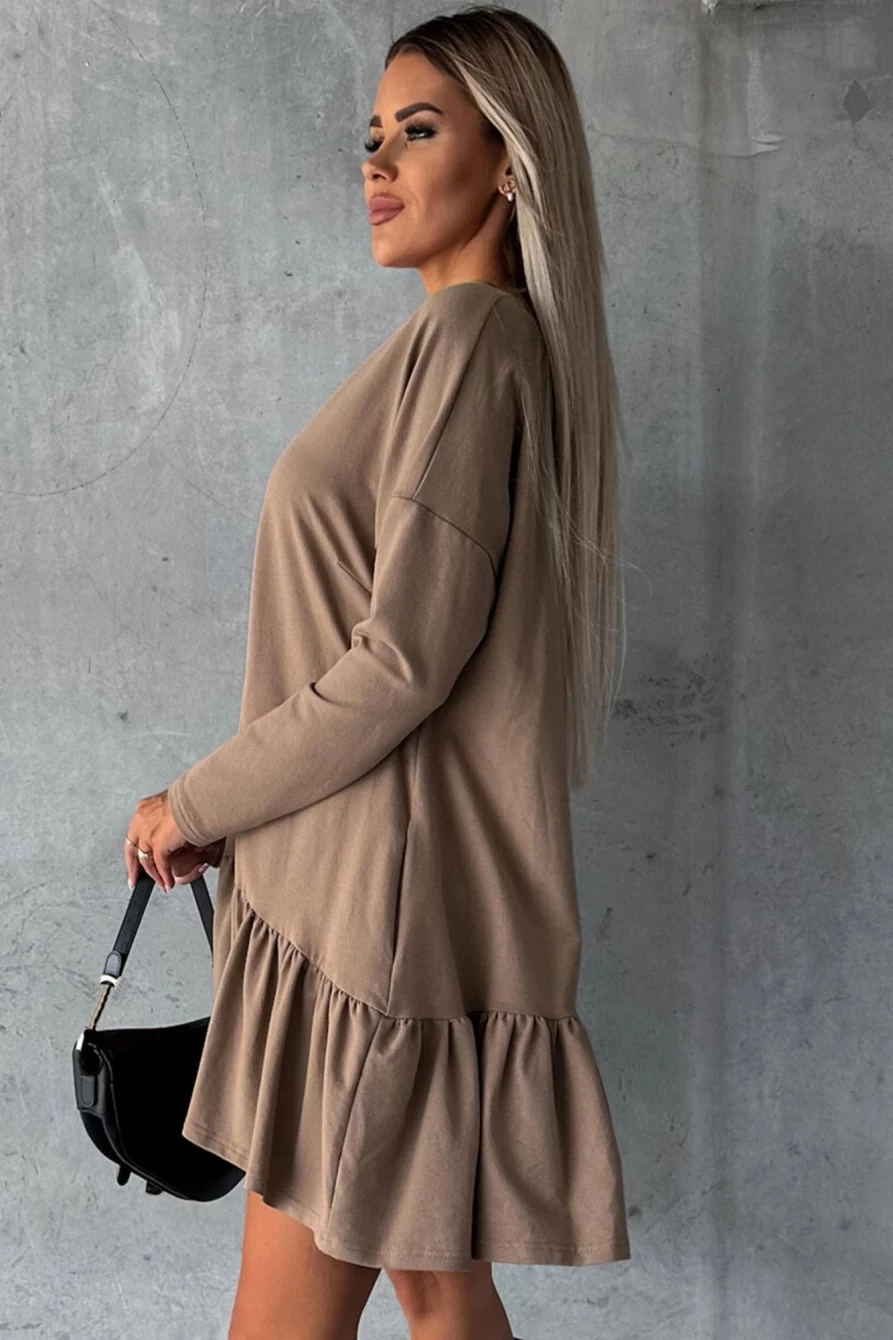 Shewin Women's Chestnut Split Neck Long Sleeve Ruffled Loose Flowy Dress