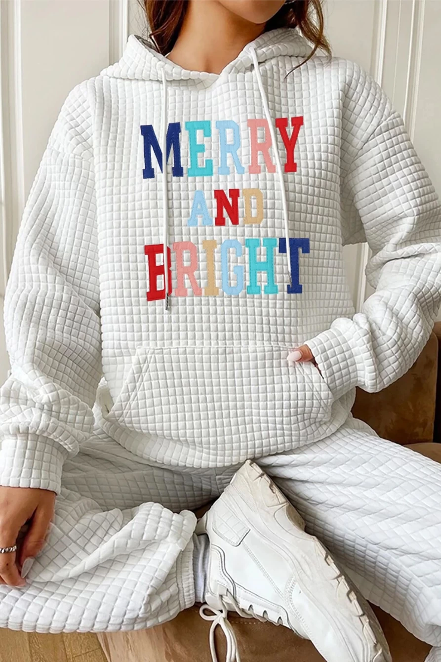 Shewin Women's White Merry And Bright Lattice Graphic Hoodie - Festive Winter Pullover