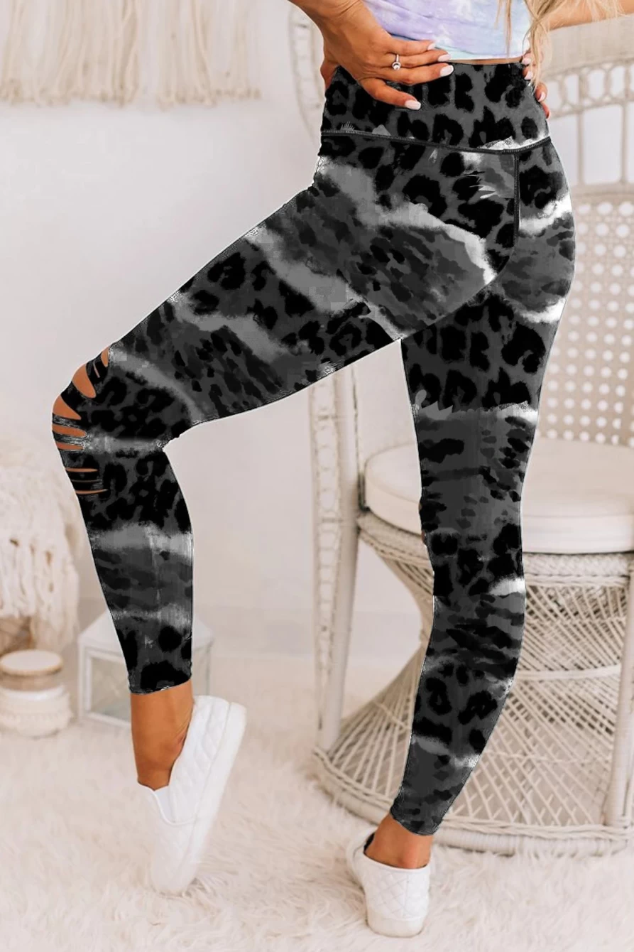 Shewin Women's Leopard Print Ripped Knee Leggings - Animal Design Stretch Pants