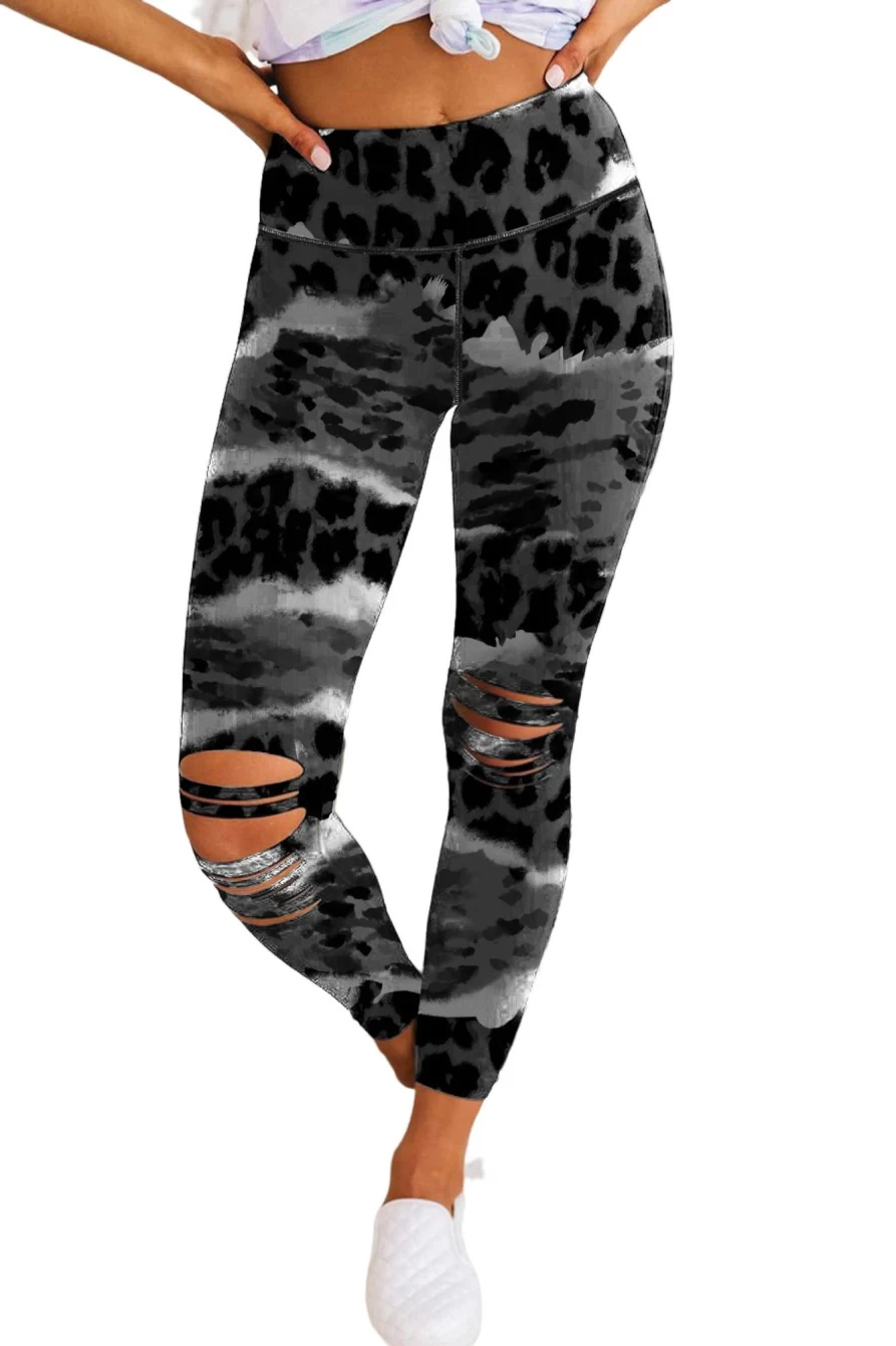 Shewin Women's Leopard Print Ripped Knee Leggings - Animal Design Stretch Pants