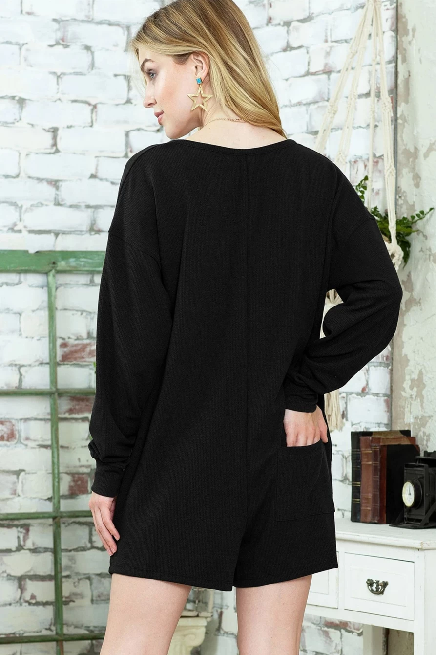 Shewin Women's Black Casual Henley Button V-Neck Romper with Pocket