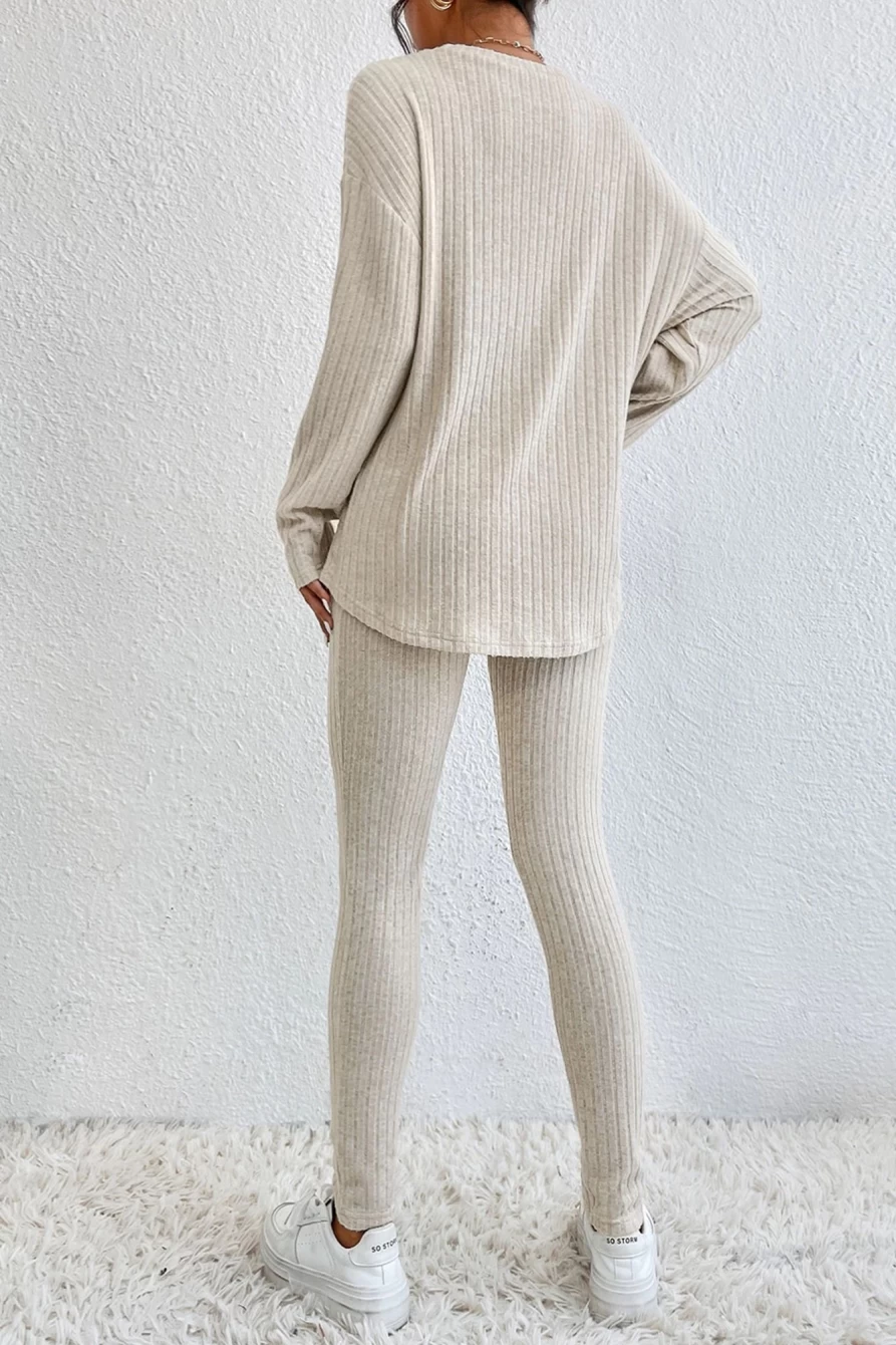 Shewin Women's Apricot Ribbed Knit Long Sleeve Top & Skinny Pants Set