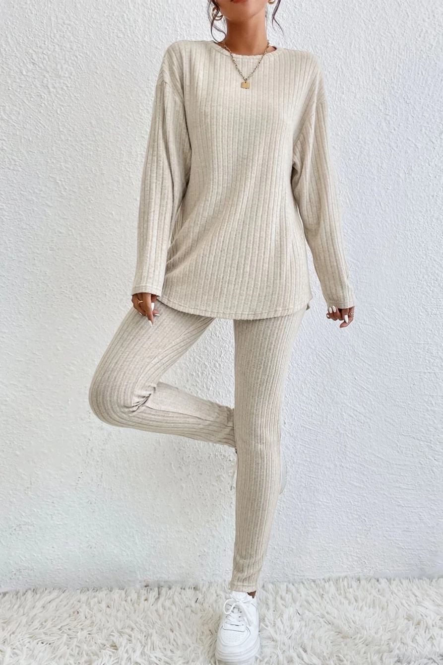 Shewin Women's Apricot Ribbed Knit Long Sleeve Top & Skinny Pants Set