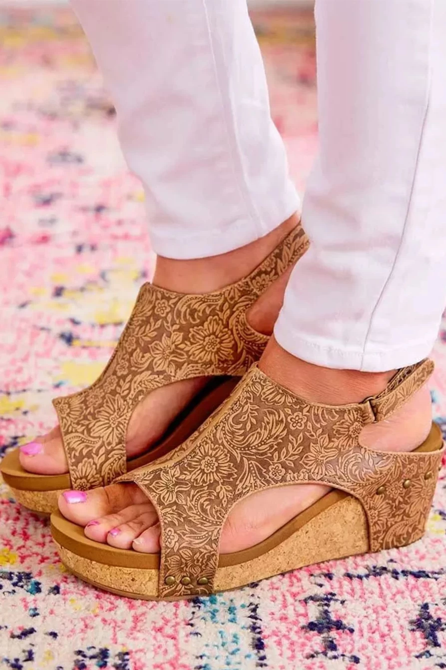 Shewin Women's Brown Vintage Floral Leather Platform Sandals with Rivet & Hollowed Design
