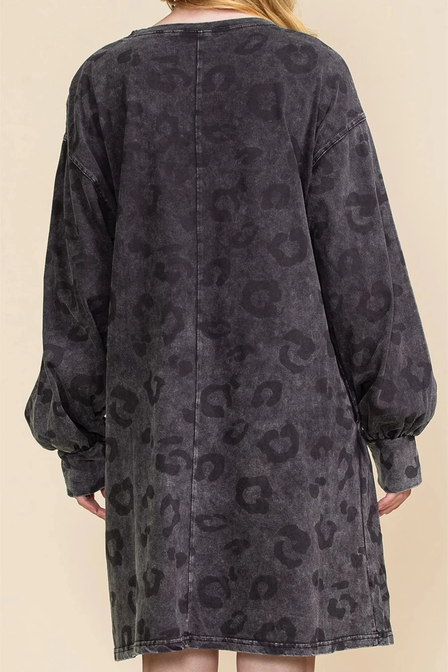 Shewin Women's Gray Leopard Print Mini Dress with Puff Sleeves and Pockets