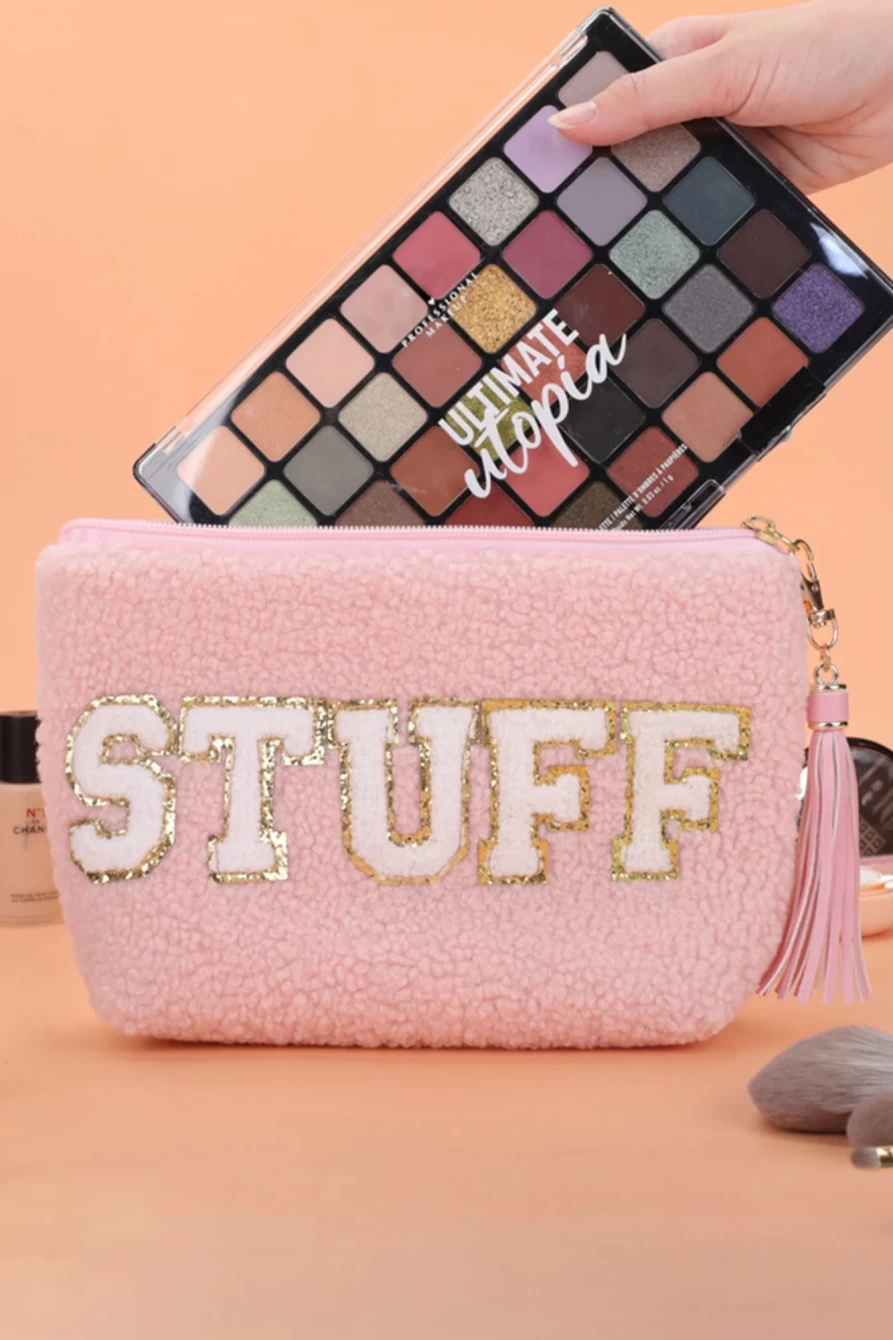 Shewin Pink Sparkle Makeup Bag for Women with Letter Pattern & Tassel Zipper