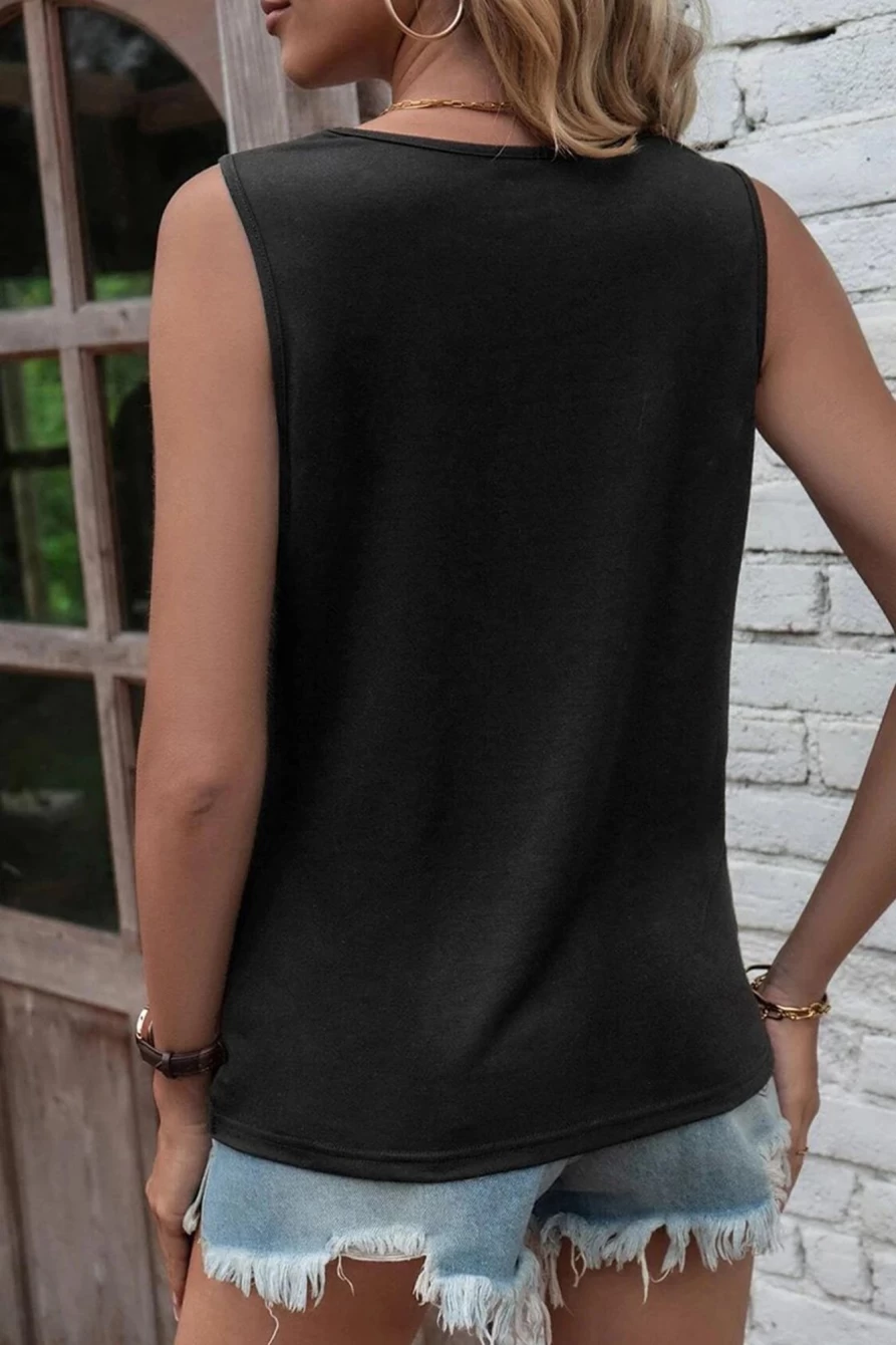 Shewin Women's Black Laser Cut Twist Front Tank Top with Slit Detail