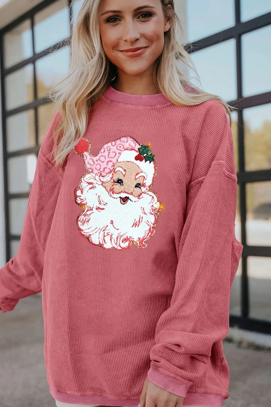 Shewin Women's Strawberry Pink Santa Claus Sparkle Graphic Sweatshirt - Festive Holiday Pullover
