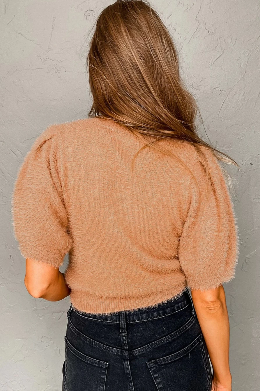 Shewin Women's Light French Beige Fuzzy Cropped Sweater with Puff Sleeves