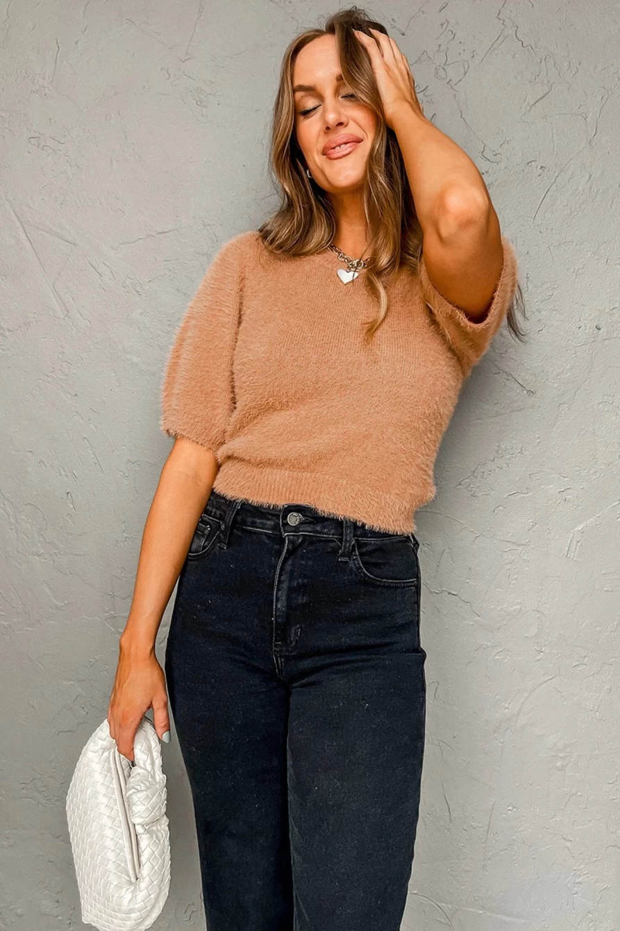 Shewin Women's Light French Beige Fuzzy Cropped Sweater with Puff Sleeves