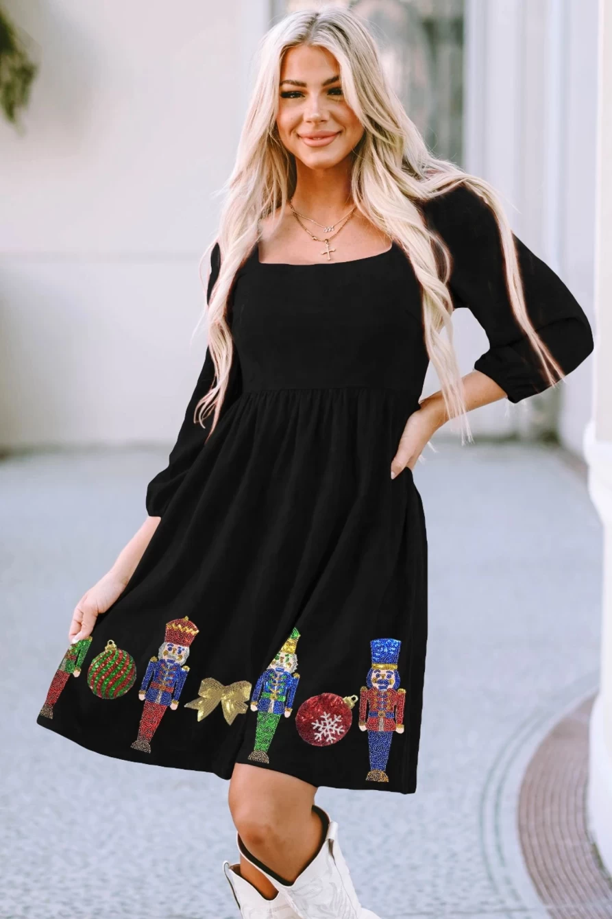 Shewin Women's Black Sequins Christmas Nutcracker Graphic Mini Party Dress