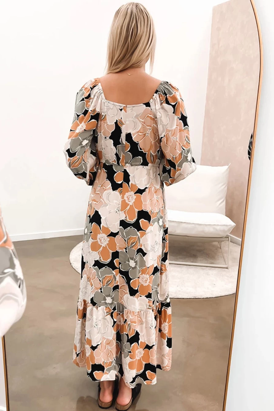Shewin Women's Sheepskin Floral Print Maxi Dress with Drawstring Waist & Puff Sleeves