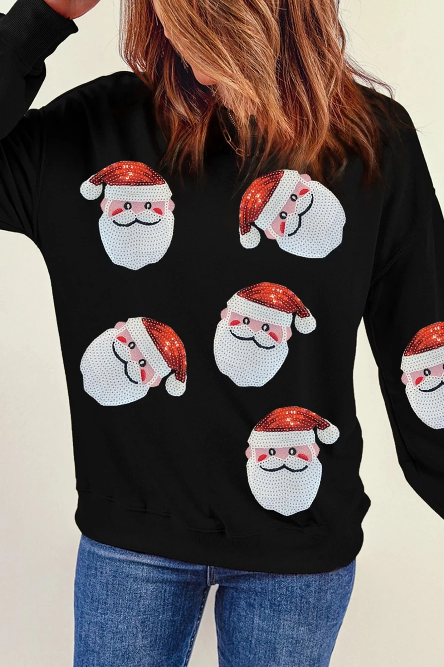 Women's Black Santa Claus Sequin Graphic Sweatshirt - Shewin Christmas Holiday Pullover