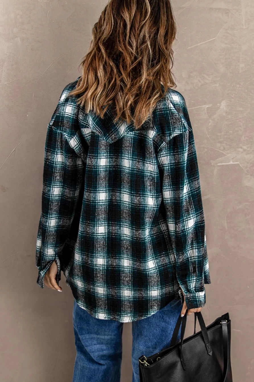 Women's Green Flannel Shacket by Shewin - Button Up Collared Shirt with Flap Pockets