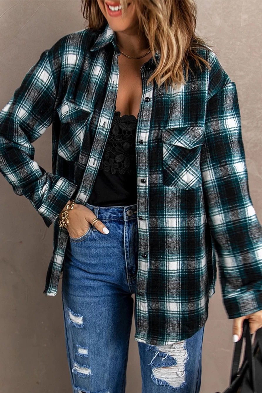 Women's Green Flannel Shacket by Shewin - Button Up Collared Shirt with Flap Pockets