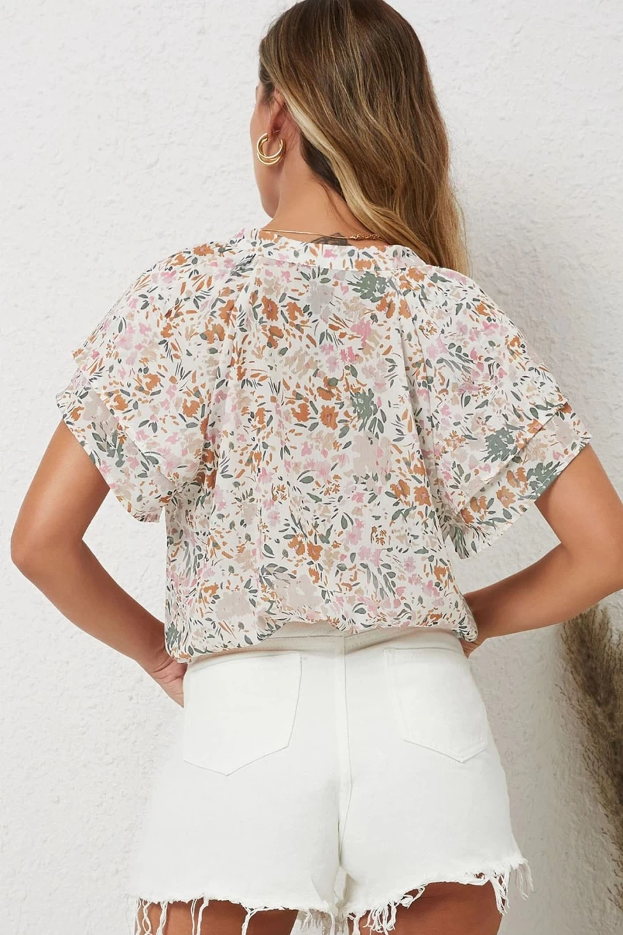 Shewin Women's Multicolor Floral Blouse with Button Notch Neck & Ruffle Sleeves