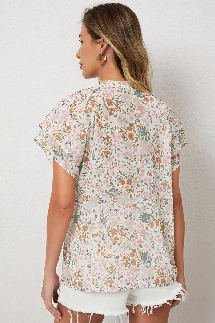 Shewin Women's Multicolor Floral Blouse with Button Notch Neck & Ruffle Sleeves