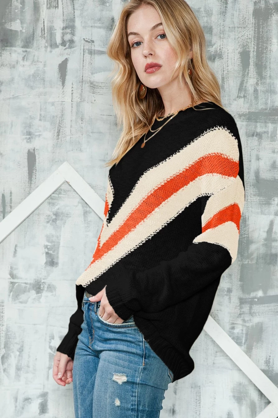 Shewin Women's Black Chevron Drop Shoulder Casual Knit Sweater