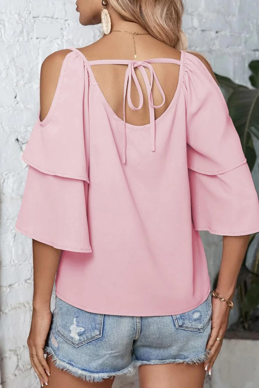 Shewin Women's Pink Chiffon Blouse with Cold Shoulder & Flounce Sleeve Solid Top