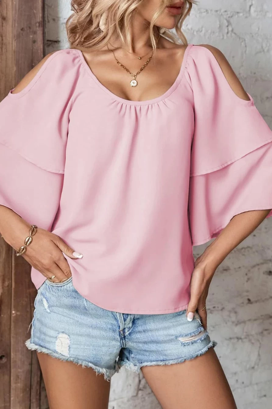 Shewin Women's Pink Chiffon Blouse with Cold Shoulder & Flounce Sleeve Solid Top
