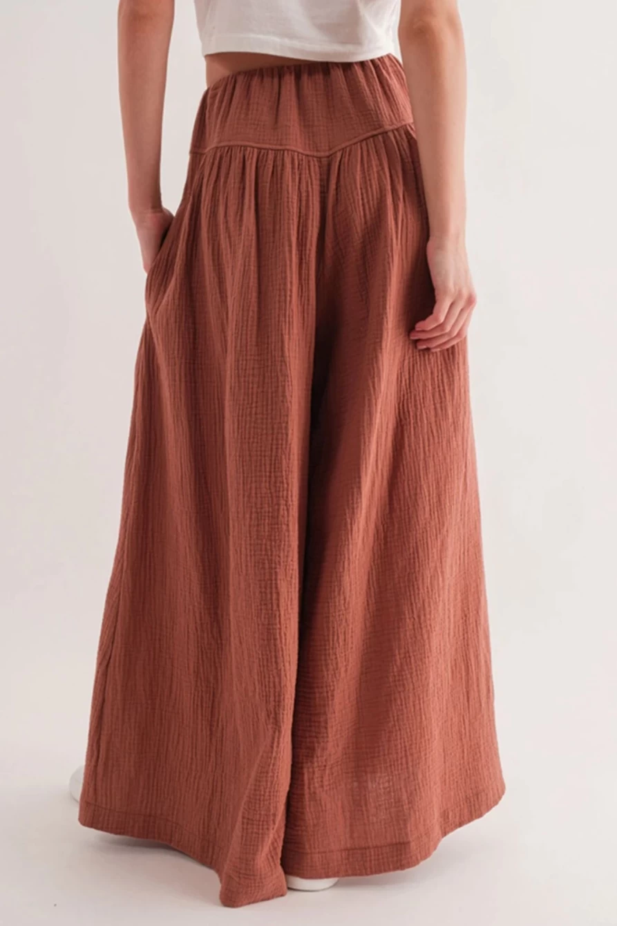 Shewin Women's Gold Flame Gauze Textured Pleated Wide Leg Pants