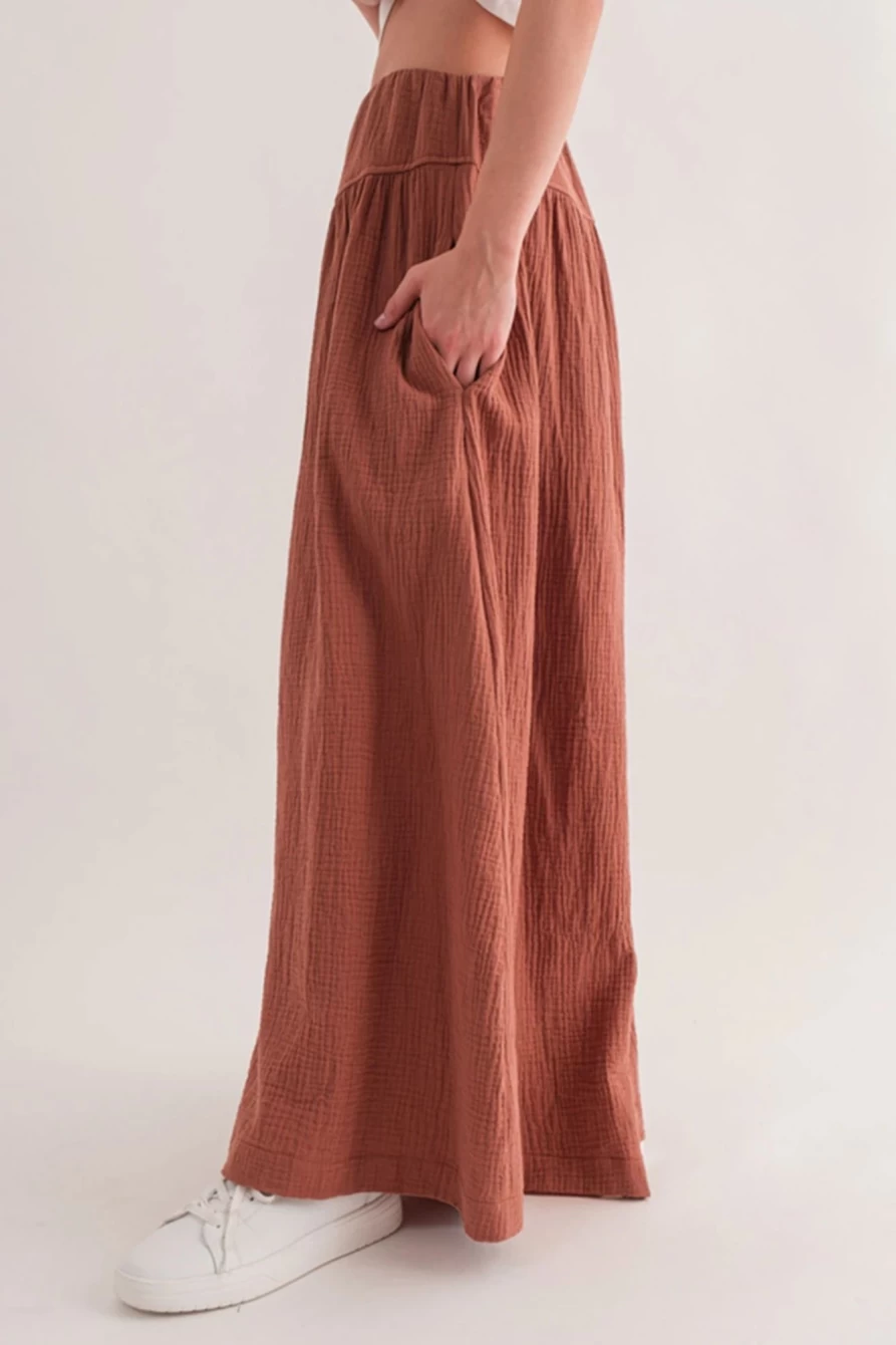 Shewin Women's Gold Flame Gauze Textured Pleated Wide Leg Pants