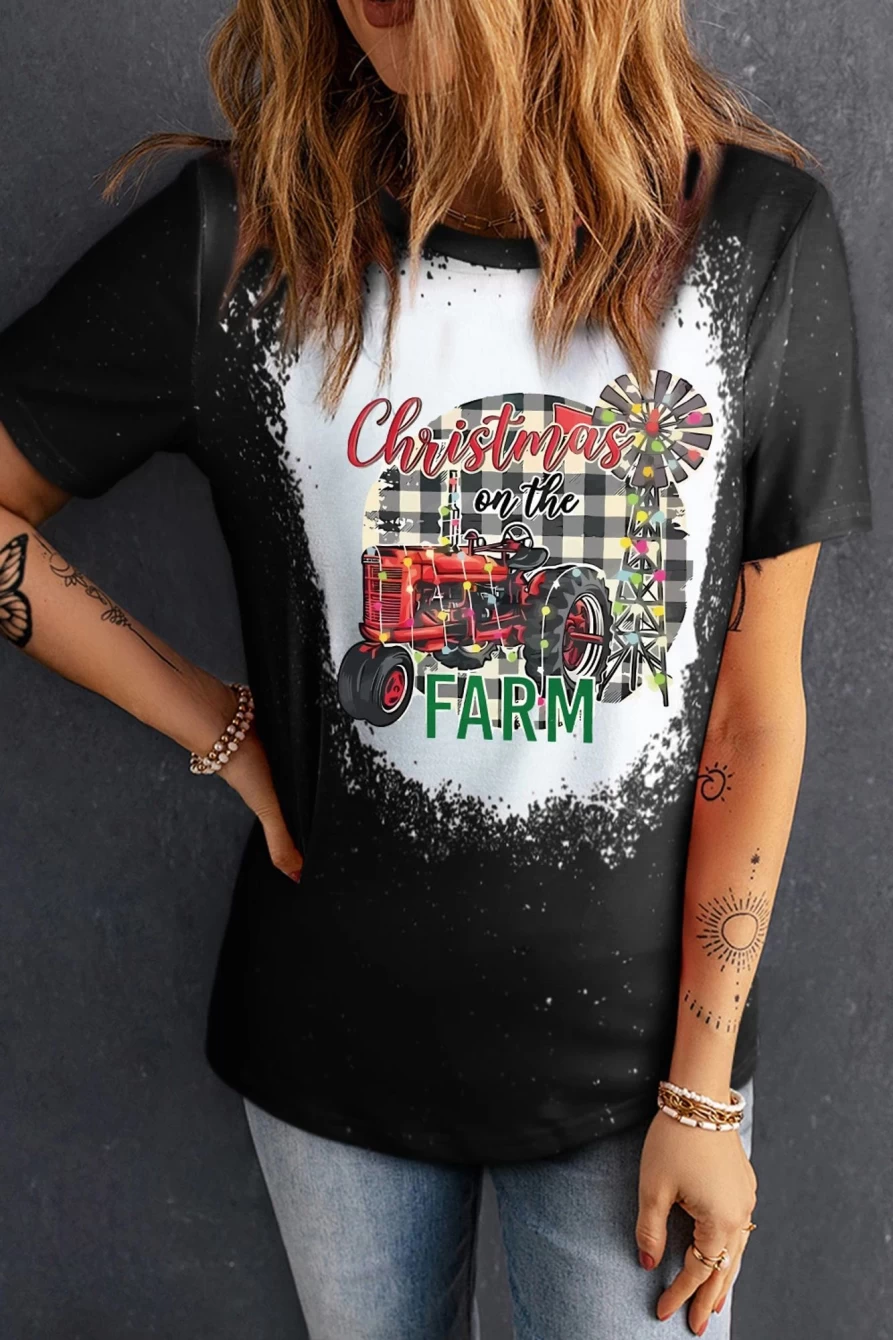 Shewin Women's Black Christmas Farm Graphic Bleached T-Shirt Holiday Top