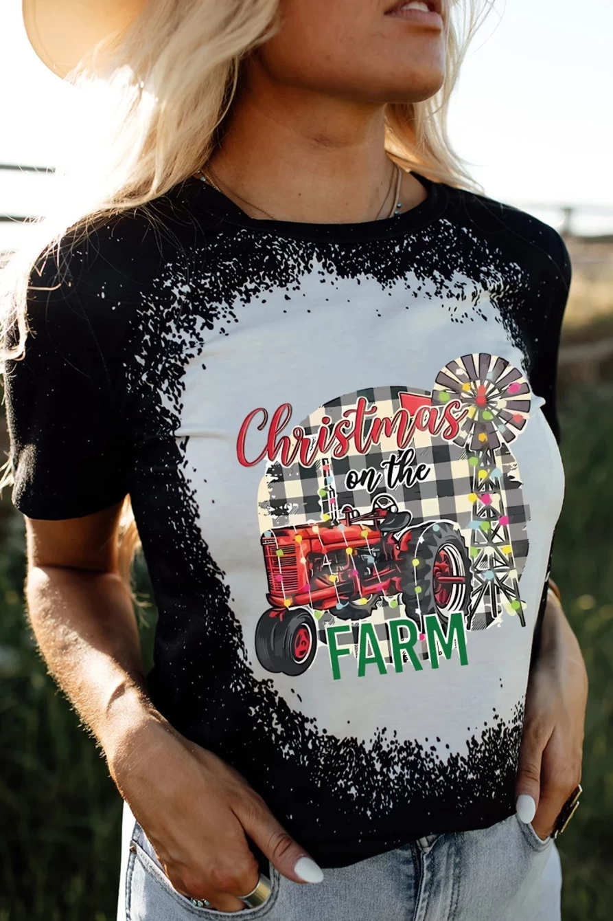 Shewin Women's Black Christmas Farm Graphic Bleached T-Shirt Holiday Top