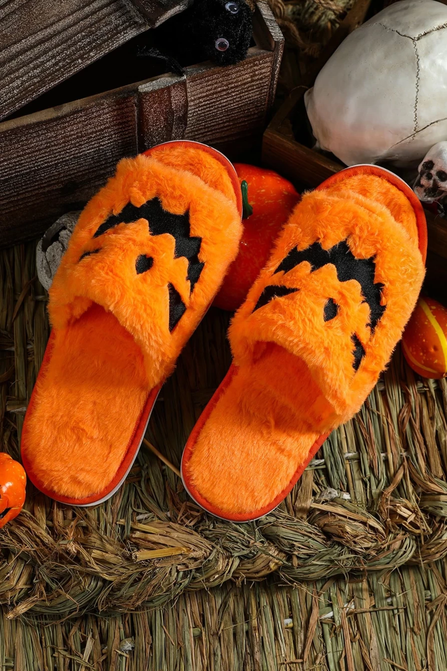 "Shewin Women's Yellow Fuzzy Halloween Pumpkin Open-Toe Slippers"