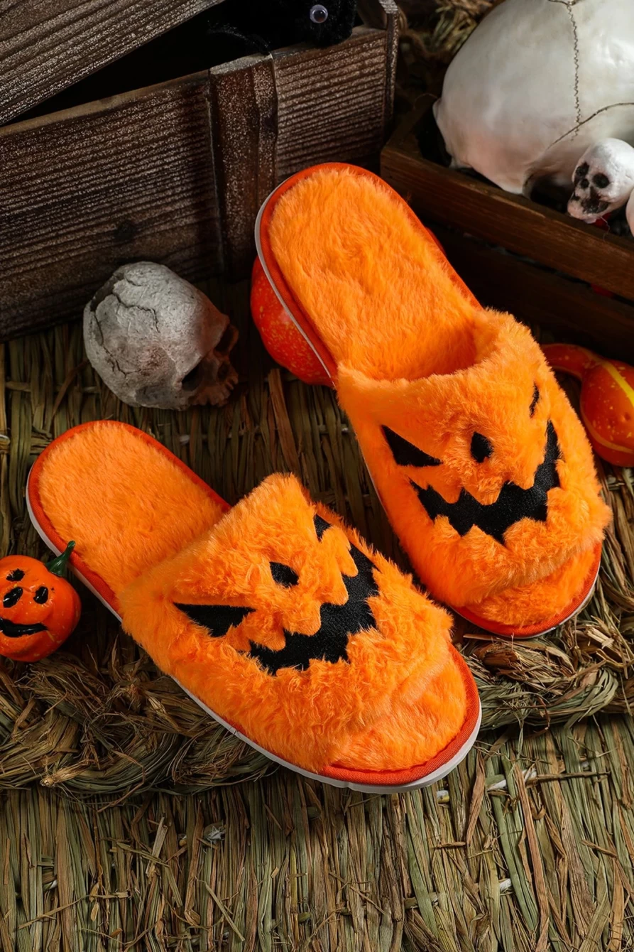 "Shewin Women's Yellow Fuzzy Halloween Pumpkin Open-Toe Slippers"