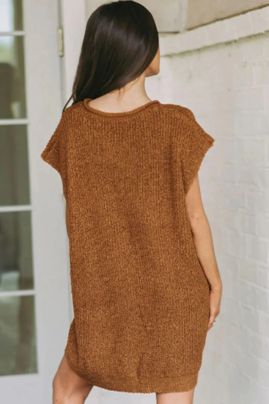 Shewin Women's Camel V-Neck Loose Fit Mini Knitted Dress