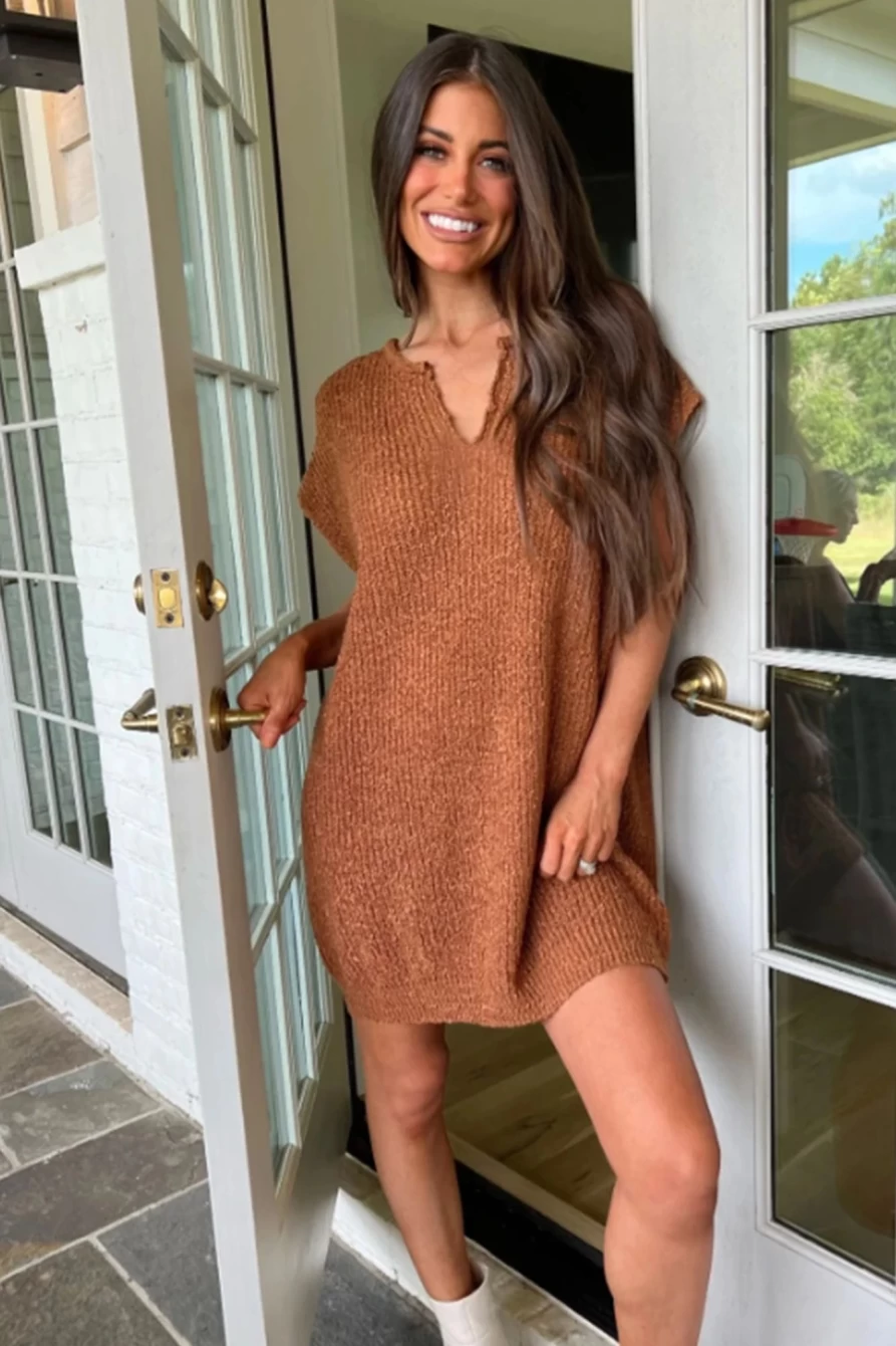 Shewin Women's Camel V-Neck Loose Fit Mini Knitted Dress