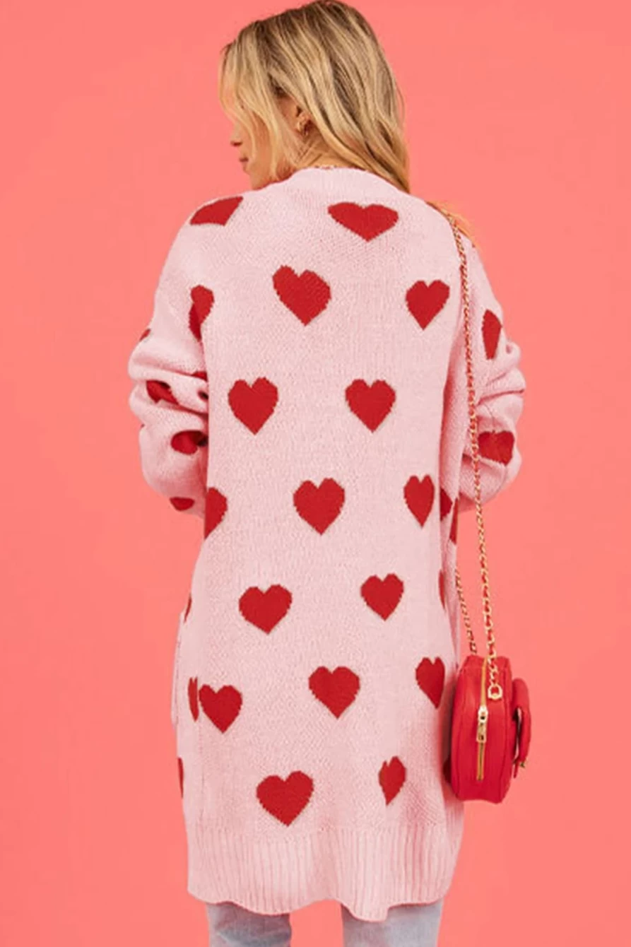 Shewin Women's Light Pink Heart Print Open Front Cardigan for Valentine's Day