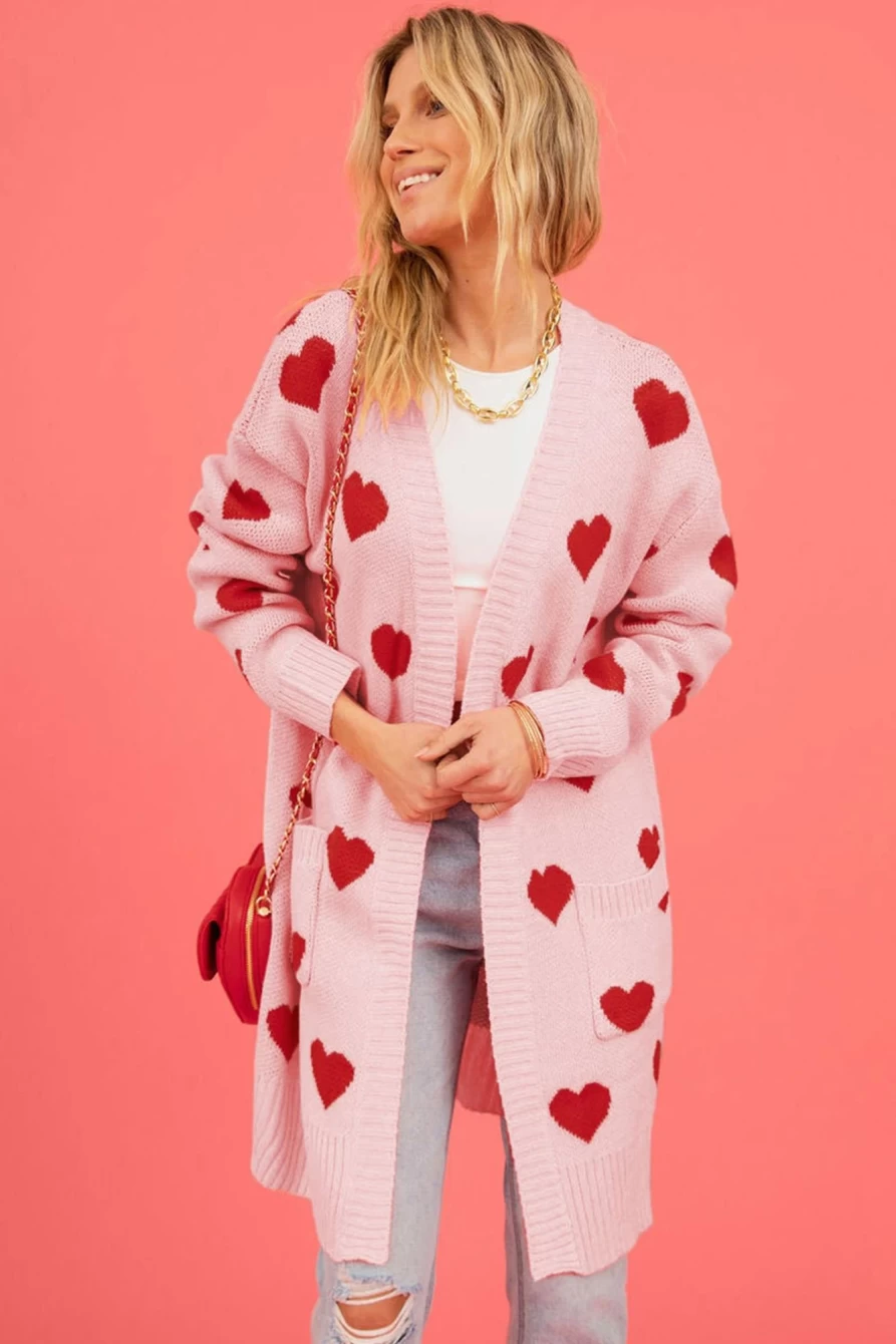 Shewin Women's Light Pink Heart Print Open Front Cardigan for Valentine's Day