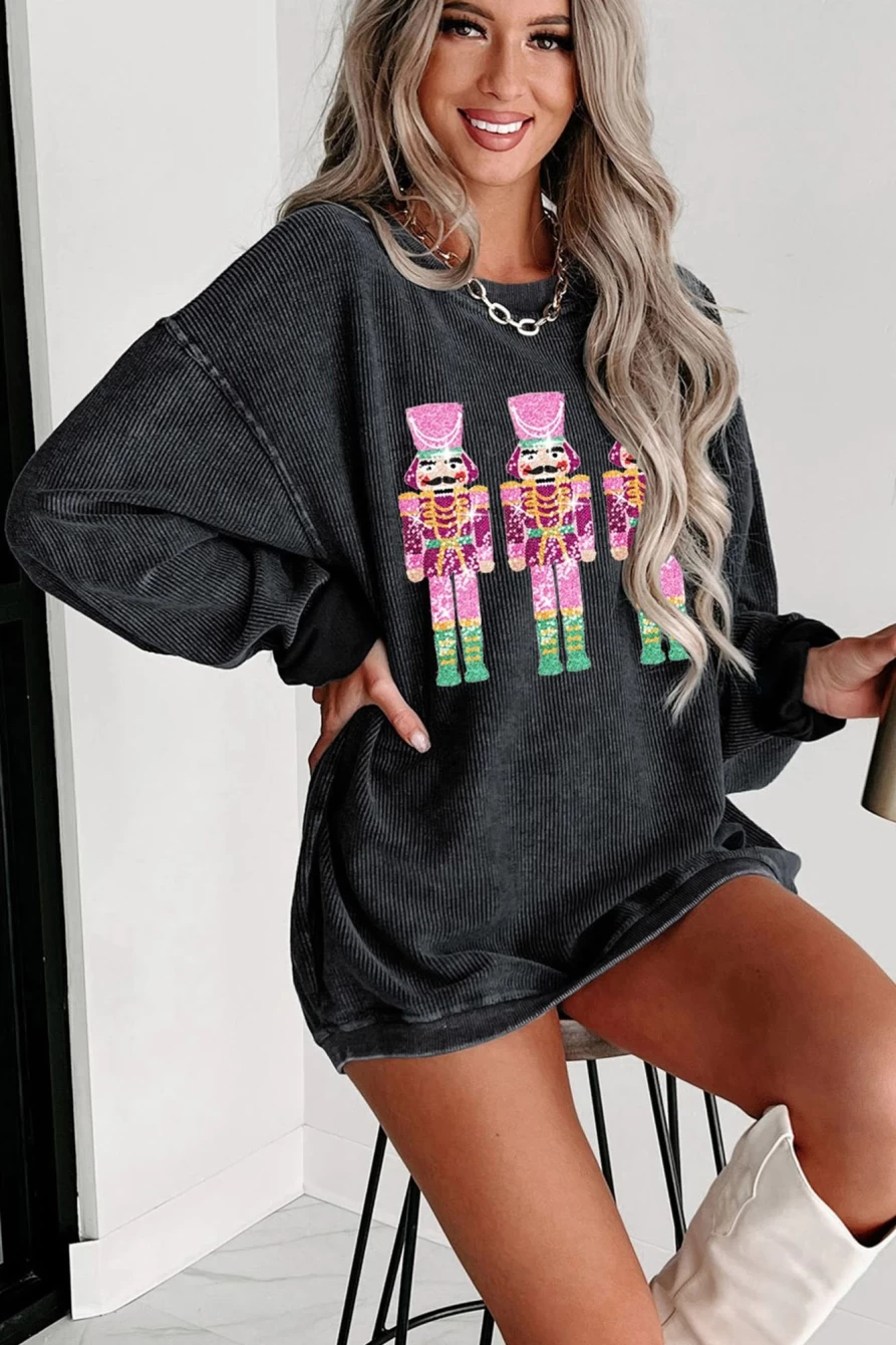 Shewin Women's Black Neon Nutcrackers Graphic Sweatshirt with Mineral Wash Detail