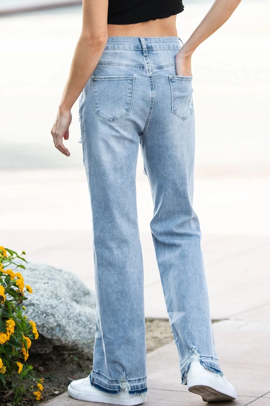 Shewin Women's Sky Blue Vintage Distressed Ripped Wide Leg Jeans