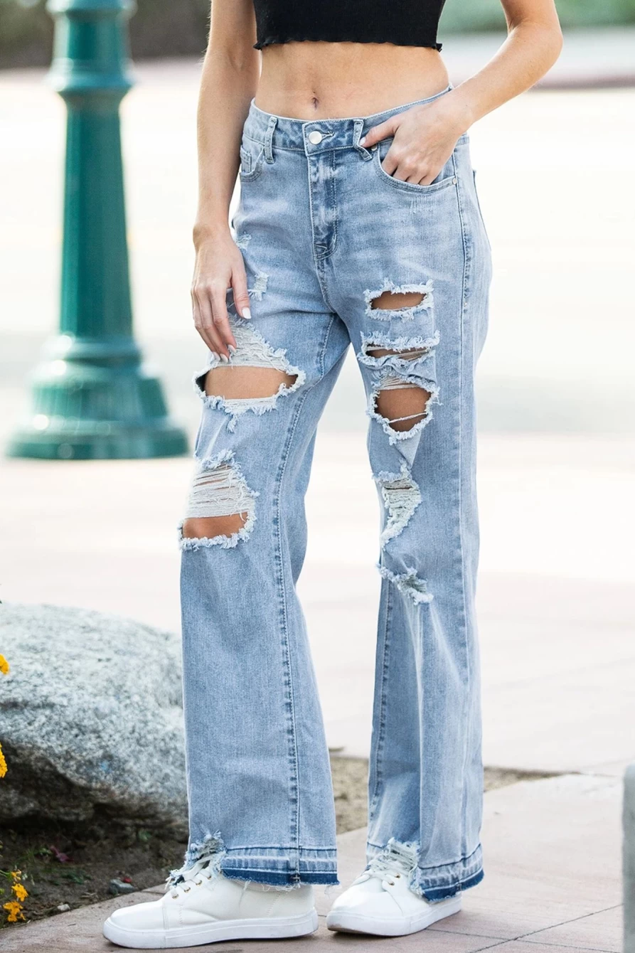 Shewin Women's Sky Blue Vintage Distressed Ripped Wide Leg Jeans