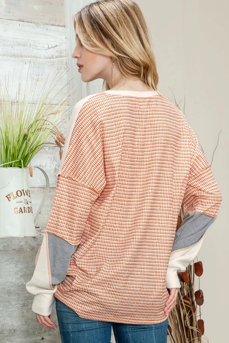 Shewin Women's Multicolor Exposed Seam Color Block Long Sleeve Pullover Top