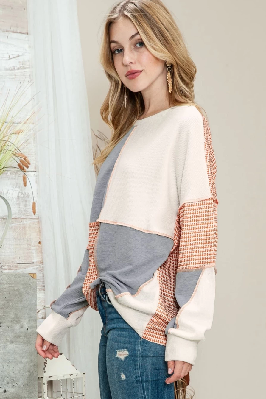 Shewin Women's Multicolor Exposed Seam Color Block Long Sleeve Pullover Top