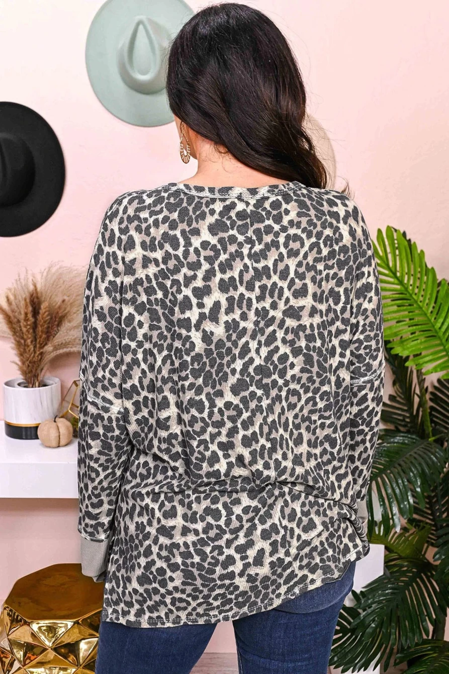 Shewin Women's Plus Size Leopard Print Waffle Knit Henley Long Sleeve Top