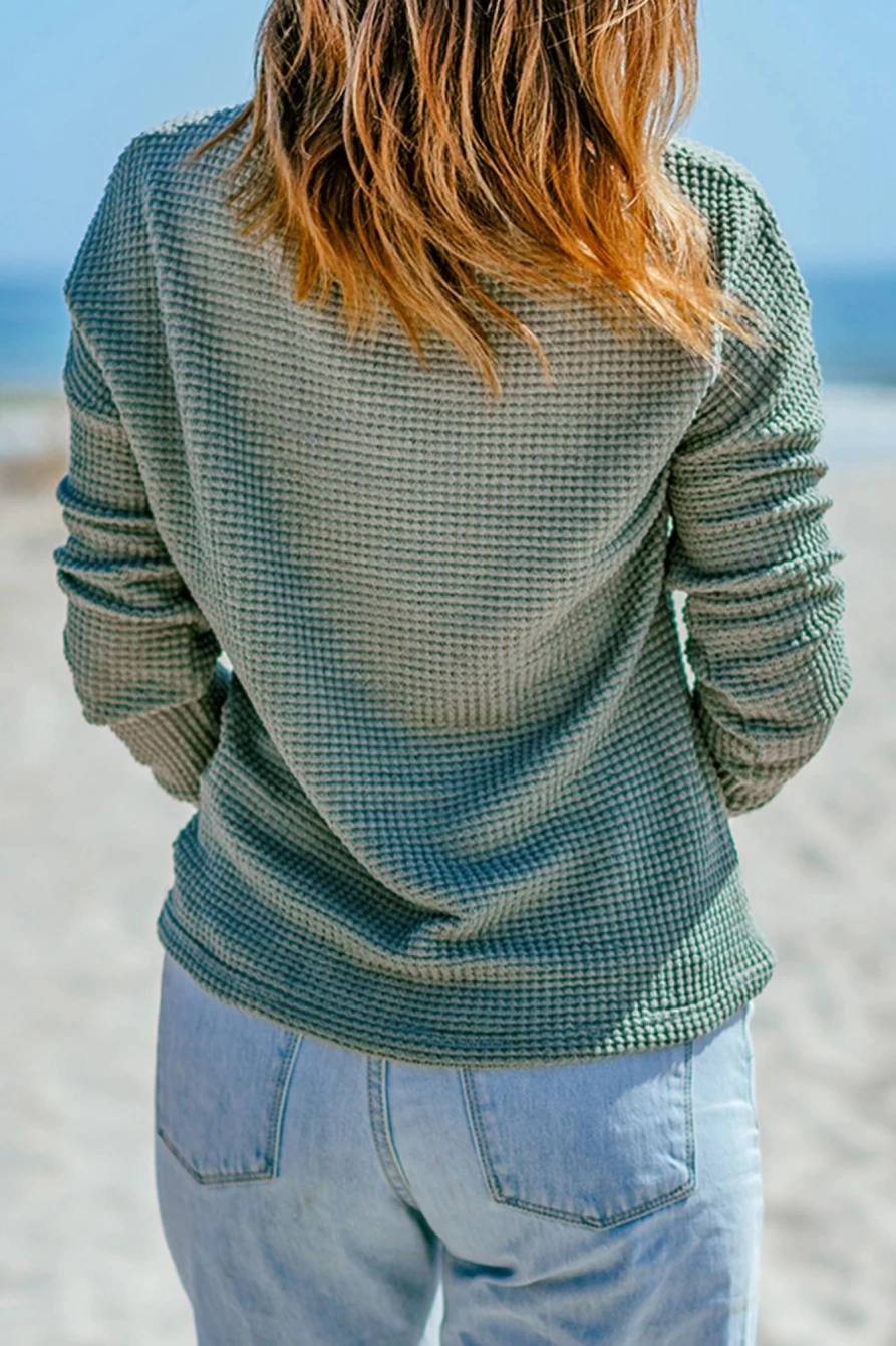 Shewin Women's Green Waffle Knit Drop Shoulder Long Sleeve Top