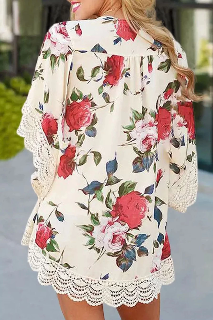 Shewin Women's Beige Kimono with Floral Print & Scalloped Lace Splicing Detail