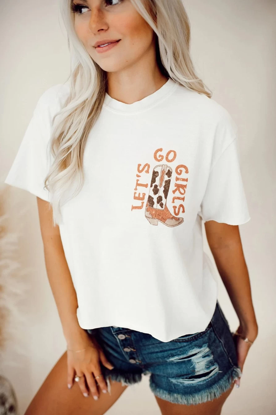 Women's White Double-Side Cowboy Hat & Boots Graphic T-Shirt by Shewin