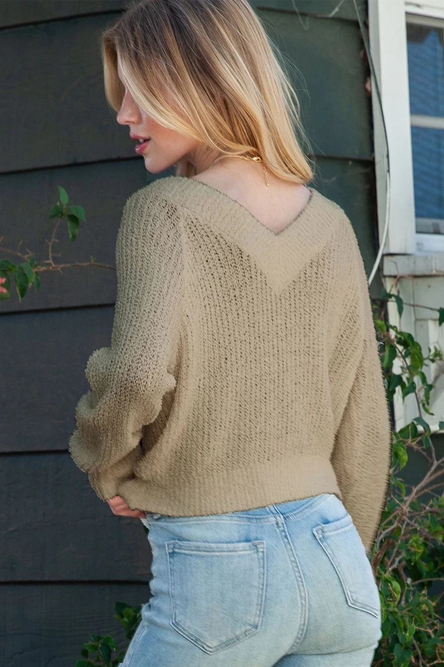 Shewin Women's Apricot Casual V-Neck Pullover Sweater