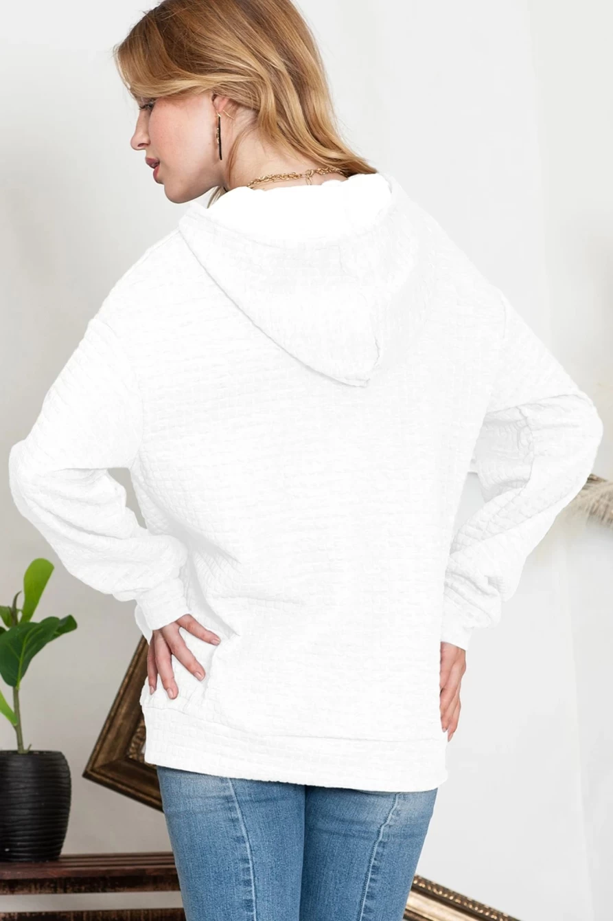 Shewin Women's White Lattice Textured Hoodie with Kangaroo Pocket & Drawstring